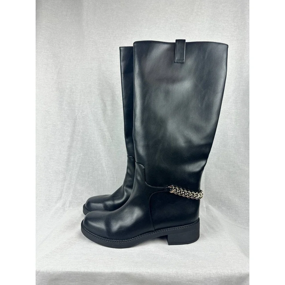 A New Day Women Black Knee High Boots Gold Chain‎ Detail Side Zip Size 11